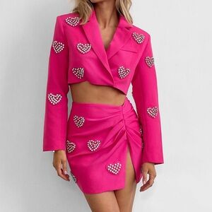 Pink dimanate heart blazer skirt set